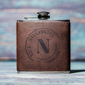 Personalised Hip Flask Groomsmen or Men's Gift Idea For Him Engraved PU Leather image 1