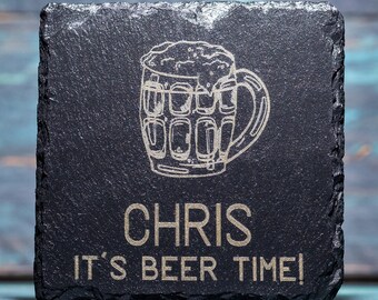 Personalised Slate Coaster, Custom Birthday or Fathers Day Gift For Men, Beer Lover Present For Dad