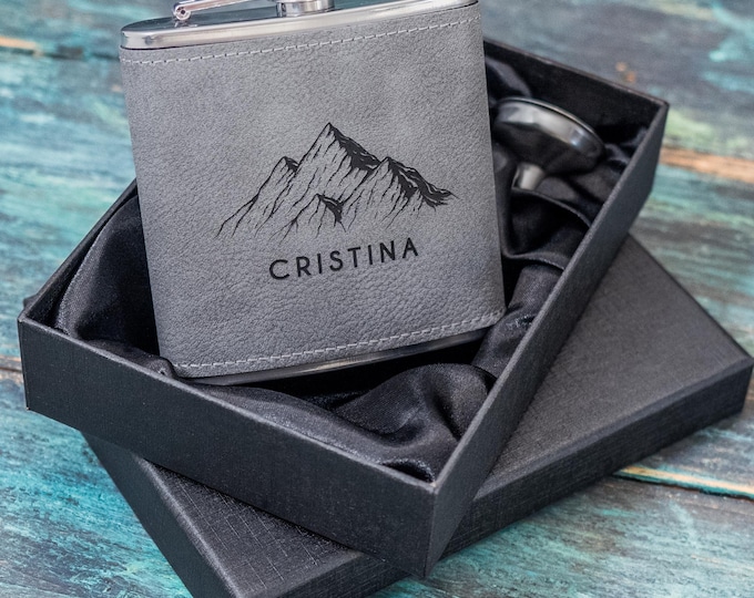 Personalized Mountain Hip Flask: Engraved 6oz Ski Gift