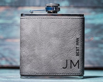 Personalised Engraved Best Man Hip Flask, Wedding Gift Idea, PU Leather Suede