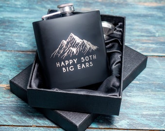 Personalised Engraved Hip Flask, Mountain Lover Gift, Whiskey Canister, Mens 50th Birthday Gift, Ski Trip