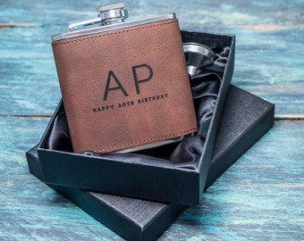 Brown Personalised Hip Flask, Custom Birthday Gift For Men, Laser Engraved