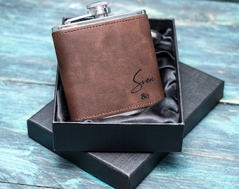 Personalised Hip Flask, Custom Engraved PU Leather Flask, Monogrammed Whiskey Flask, Gift For Him