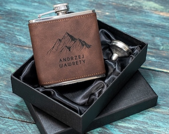 Personalised Mountain Hip Flask, 6oz PU Leather Flask, Custom Gift For Men and Ski Lovers