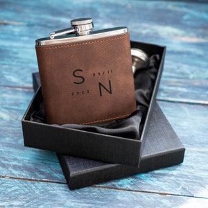 Personalised 6oz Hip Flask, PU Leather Laser Engraved Gifts For Men, Birthday or Fathers Day
