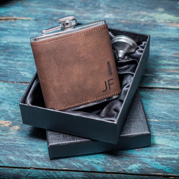 Personalised Brown Hip Flask Custom Laser Engraved 6oz Best Man Or Groomsman Gift