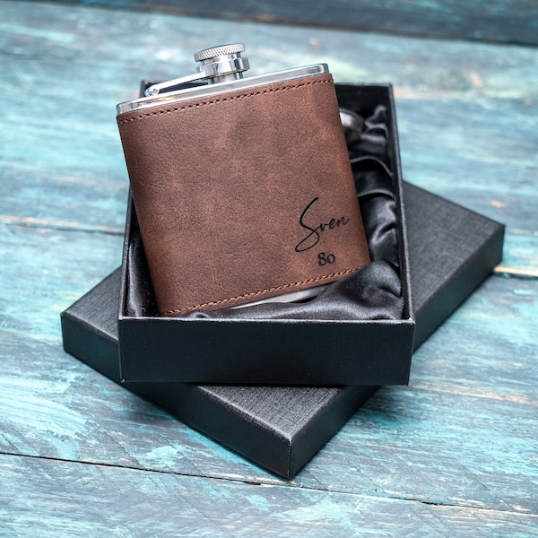 Personalised Hip Flask, Custom Engraved PU Leather Flask, Monogrammed Whiskey Flask, Gift For Him