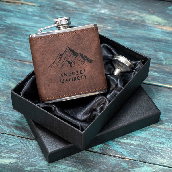 Personalised Mountain Hip Flask, 6oz PU Leather Flask, Custom Gift For Men and Ski Lovers