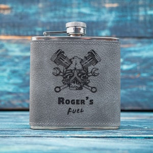 Personalised Engraved Hip Flask Biker Gift Idea, Skull Theme For Motorcyclists
