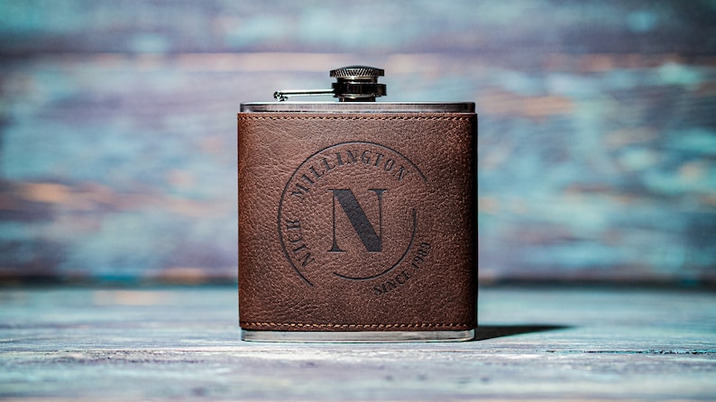 Personalised Hip Flask Groomsmen or Men's Gift Idea For Him Engraved PU Leather image 1