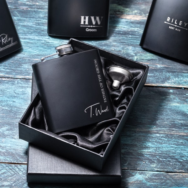 Personalised Engraved Black Hip Flask, Father Of The Groom, Best Man Gift, Wedding Gift For Groomsmen or Father Of The Bride