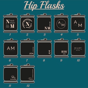 May include: Collection of personalized hip flasks with various designs and text. The flasks are black with white text and illustrations. The text includes initials, names, dates, and titles such as "Groomsman" and "Best Man". The background is teal.