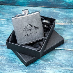 Personalised engraved mountain hip flask, ski lover gift idea, 6oz drinking flask