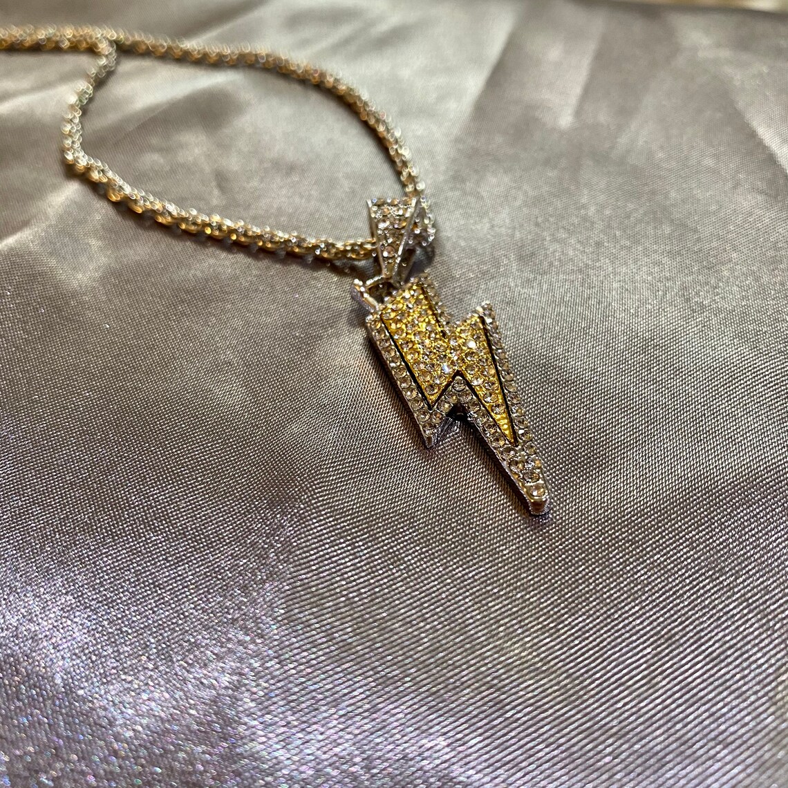 Iced Lightning Bolt Necklace Silver & Gold Mens Necklace Etsy