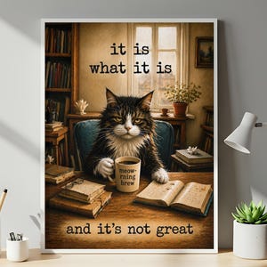 May include: A framed wall art print featuring a brown and white tabby cat sitting at a wooden desk with an open book and a mug labeled meow-rning brew. The text reads it is what it is and it's not great. The scene includes a bookshelf and window.