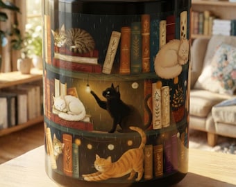 Bookish Cat Mug for Readers | Cozy Book Nook Aesthetic | Poetcore Bookish Decor | Gift for Book Lovers | Large 15oz. Black Ceramic Mug