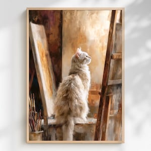 Artist Studio Cat Print, Warm Light Cat Painting, Painting Studio Fluffy White Cat Art, Impressionist Cat Decor, Gift for Artists, Buff Cat