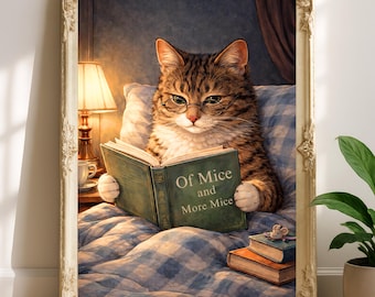 Tabby Cat Reading Print, Book Lover Cat Gift, Funny Cat Wall Art, Book Nook Decor, Cozy Cat Bedroom Poster, Literary Cat Art, Cat Mom Gift