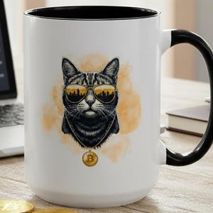 Taza de gato criptográfico Bitcoin / Taza de café divertida para amantes de los gatos y entusiastas de las criptomonedas / Tamaño grande 15 oz.