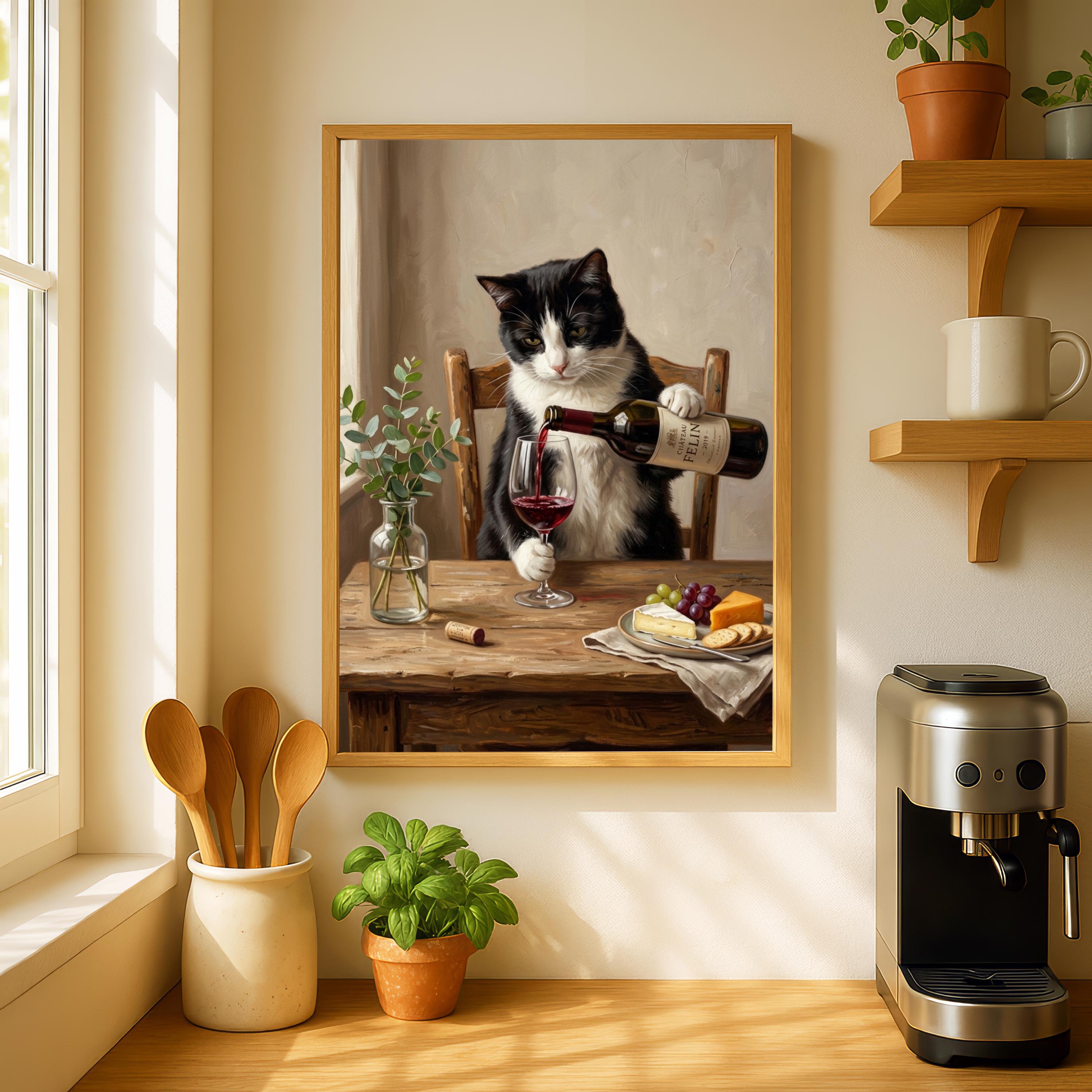 Funny Cat Wine Art Print, Tuxedo Cat Pouring Wine, Wine Lover Gift ...