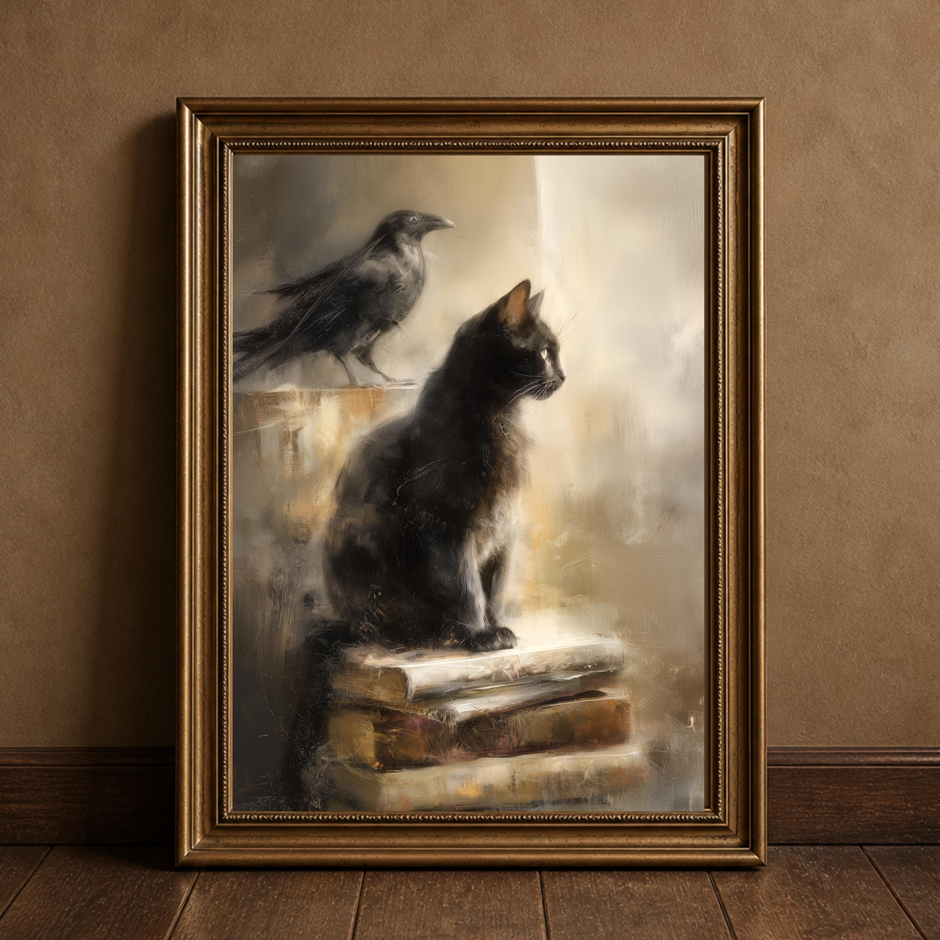 Dark Academia Cat Wall Art, Black Cat Raven Print, Moody Black Cat ...