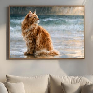 May include: A rectangular wall art print featuring a long-haired ginger cat sitting on a wet, sandy beach. The cat is facing right, looking toward a turbulent, dark blue ocean with crashing waves under a stormy, overcast sky with visible rain.