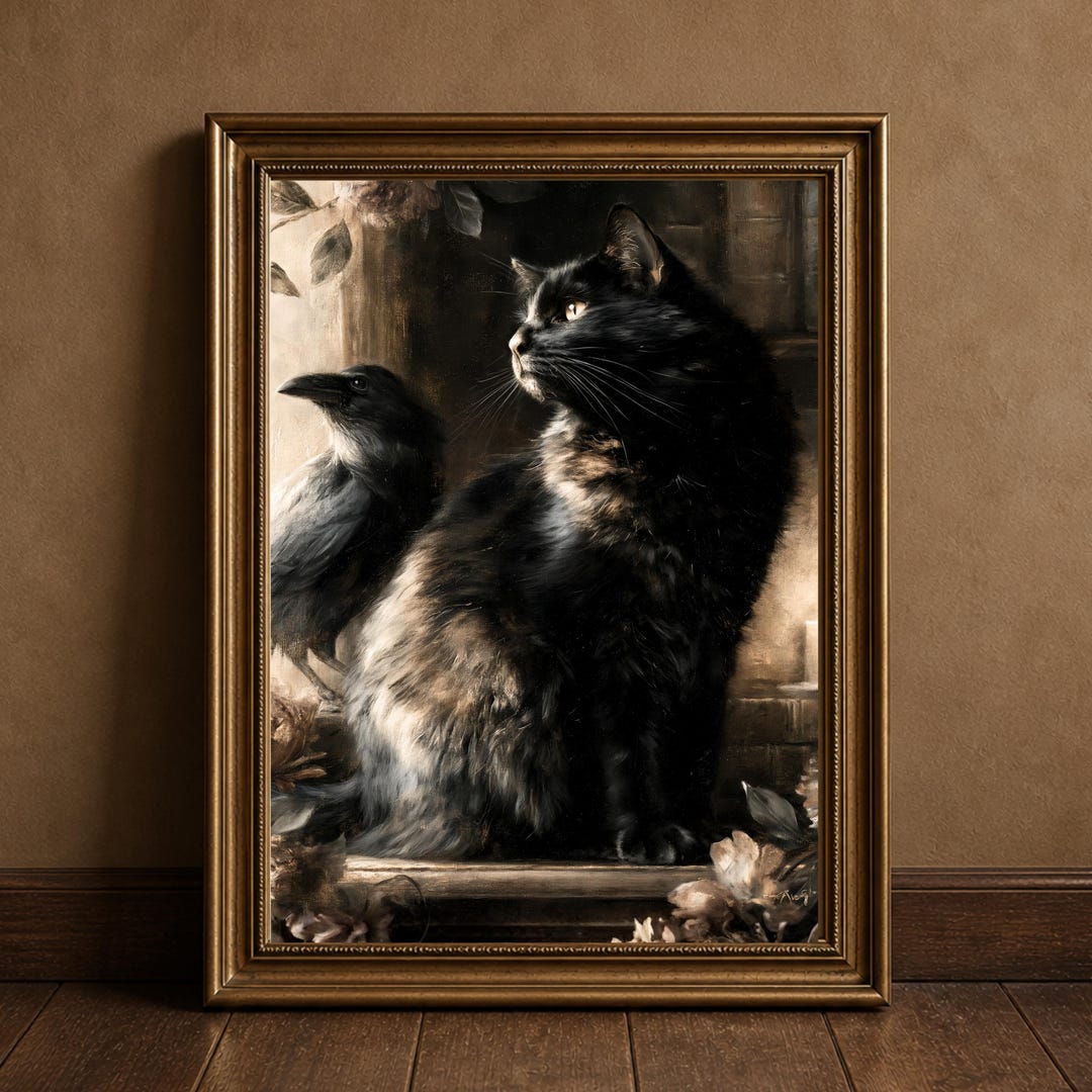 Dark Academia Cat Wall Art, Black Cat Raven Print, Gothic Home Decor ...