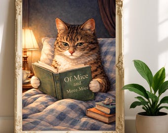 Tabby Cat Reading Print, Book Lover Cat Gift, Funny Cat Wall Art, Book Nook Decor, Cozy Cat Bedroom Poster, Literary Cat Art, Cat Mom Gift