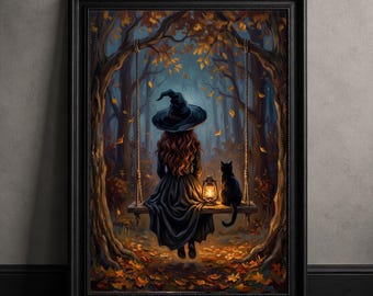 Witch and Black Cat Wall Art, Autumn Forest Print, Whimsigoth Fall Decor, Cottagecore Halloween Poster, Witchy Wall Decor, Cat Lover Gift