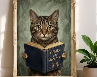 Bookish Cat Wall Art, Brown Tabby Cat Reading Print, Home Library Decor, Book Nook Wall Art, Funny Literary Art, Cat Mom Gift for Readers