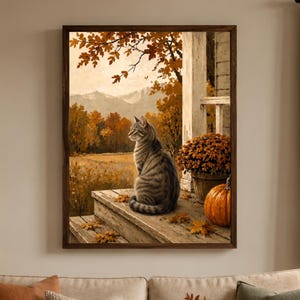May include: A framed wall art print depicting a grey tabby cat sitting on a wooden porch during autumn. The scene features a potted plant with orange flowers, a large orange pumpkin, fallen leaves, and a background of trees and mountains.
