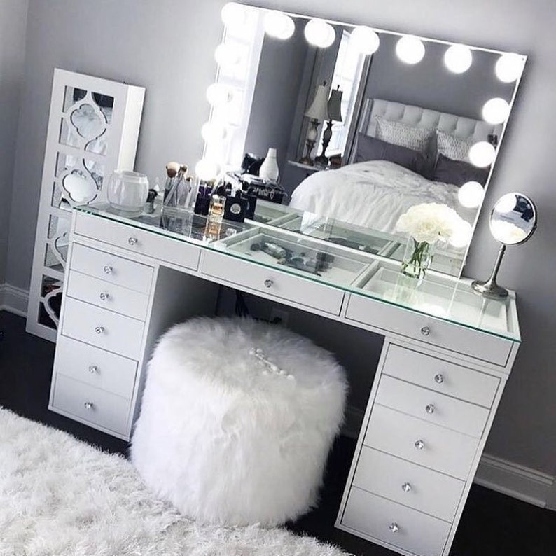 Makeup Vanity Xl Table Desk W Clear Glass Top 13 Drawers België Makeup Vanity Xl Table Desk W Clear, Makeup Vanity Clear Glass Topper
