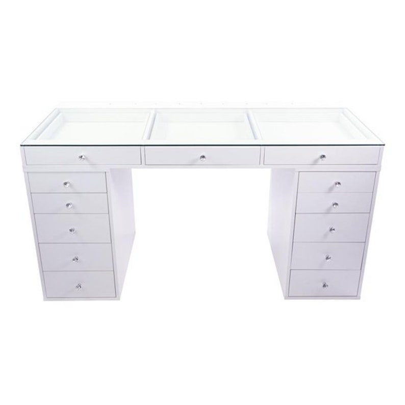 Makeup Vanity Xl Table Desk W Clear Glass Top 13 Drawers België Makeup Vanity Xl Table Desk W Clear, Makeup Vanity Clear Glass Topper