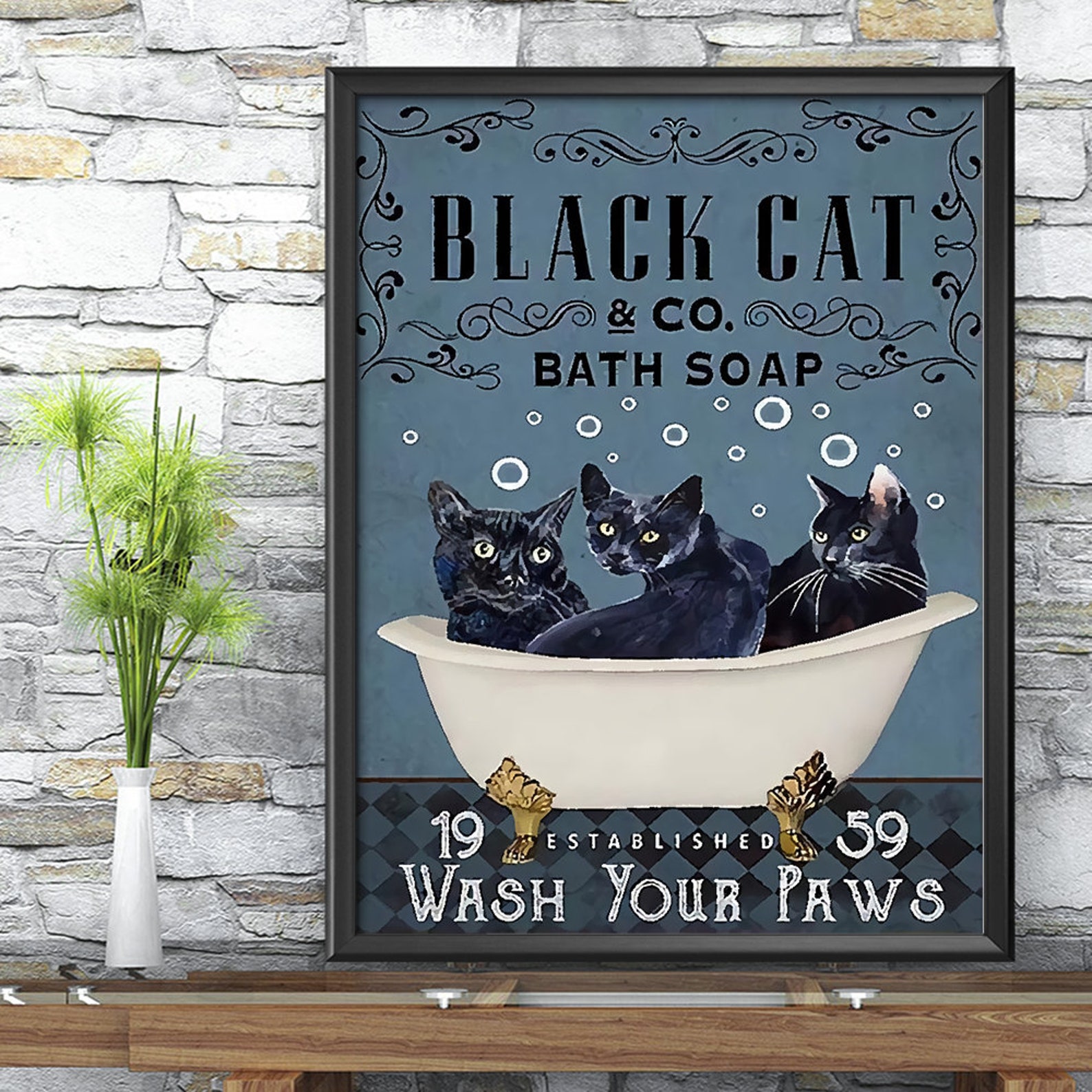 Black Cat Wash Your Paws Poster Black Cat Bathroom Decor | Etsy