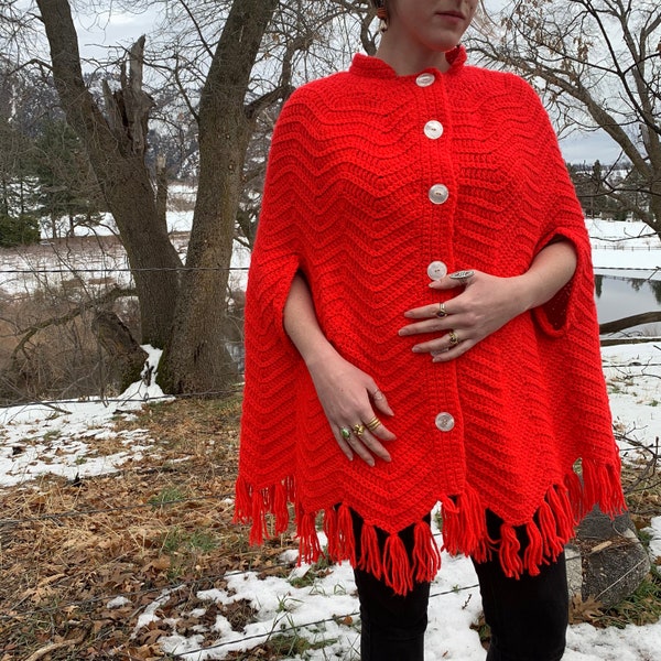Vintage handmade 1970s Red Crocheted Poncho with Fringe