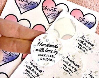 Personalised ‘Handmade with Love’ Sticker Sheet – Custom Business Stickers | Nature Doodle Design with Leaves, Stars & Flowers | Small Busin