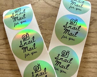 Snail Mail For You Postage Packaging Stickers In Metallic Green Holographic Happy Mail Envelope Seals Pen Pal Planner Journal Labels