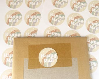 Happy Mail Packaging Stickers • Sheet of 20 • Cute kawaii rainbow design • Small business • circle labels •  original design