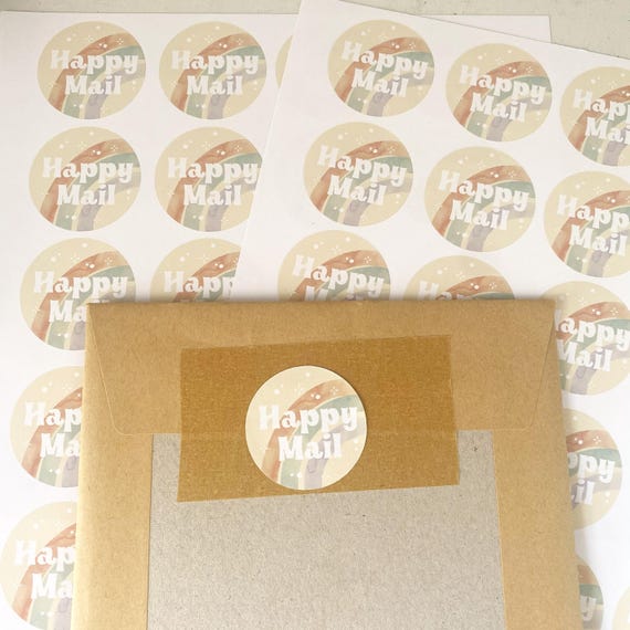 Happy Mail Packaging Stickers • Sheet of 20 • Cute kawaii rainbow design • Small business • circle labels •  original design
