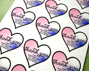 Thank You Stickers for Small Business – Pink & Purple Ombré Heart – Handmade Sticker Sheet (15 Stickers) – Packaging Labels UK