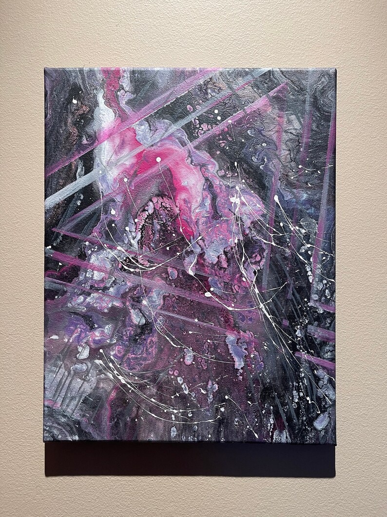 May include: Abstract painting on canvas with a pink, purple, and gray color scheme. The painting features a variety of textures and lines, creating a dynamic and energetic composition.