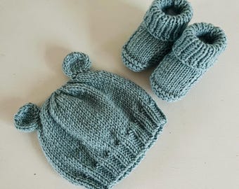 Newborn Knitting Pattern Baby Booties + Teddy Bear Beanie Hat Set PDF 0-3 & 3-6 Months Beginner Easy to Follow Download Pattern In ENGLISH