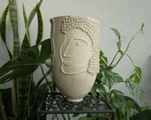 United white ceramic face vase, handmade minimalist ceramic plant pot, Decorative table vase