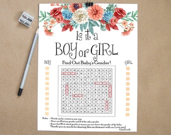 Printable Boy or Girl Gender Reveal Word Search  Game  with Flowers Design - Gender Reveal Party Game -  Gender Reveal Ideas