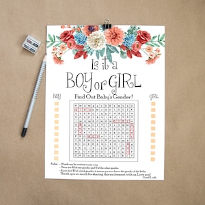 Jeu de mots cachés garçon ou fille à imprimer avec motif fleurs - Jeu de société sexe - Idées révélatrices de sexe