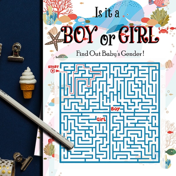 Printable Boy or Girl Gender Reveal Maze Game Ocean Design  - Gender Reveal Party Game - Gender Reveal İdeas