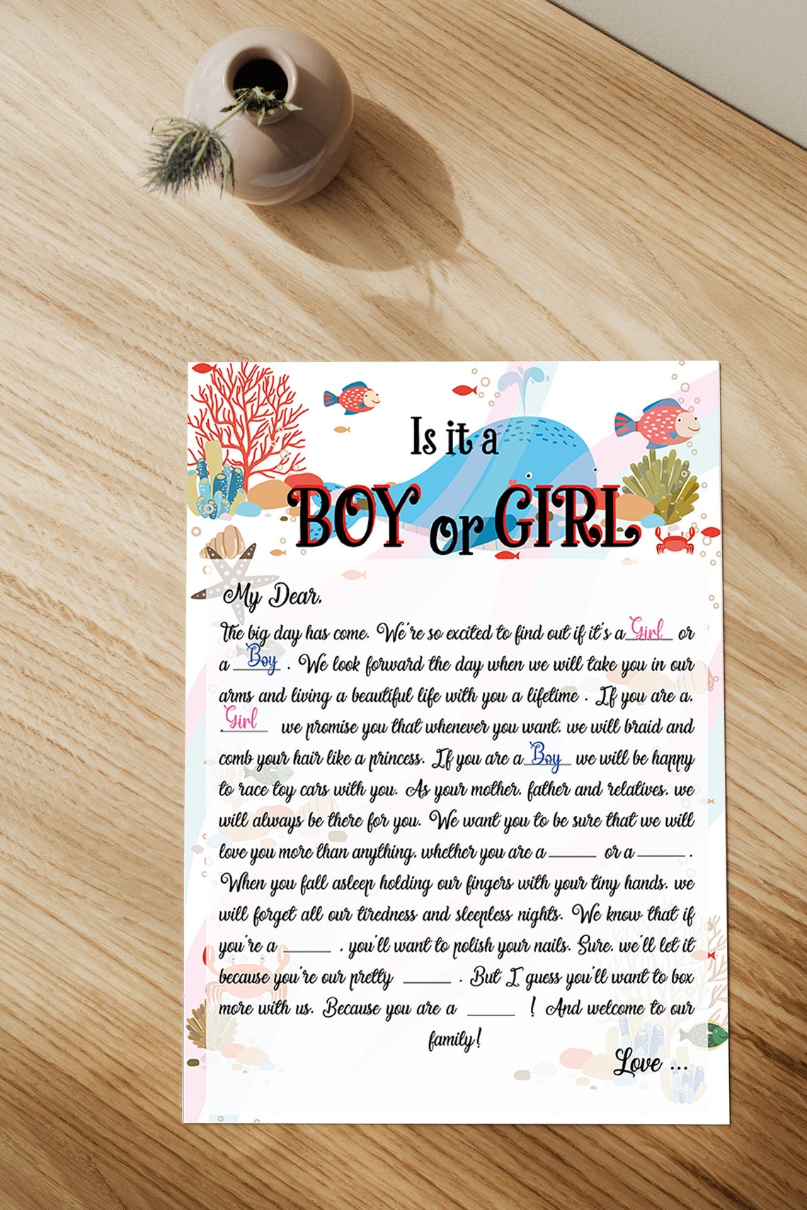 printable boy or girl gender reveal game first letter with