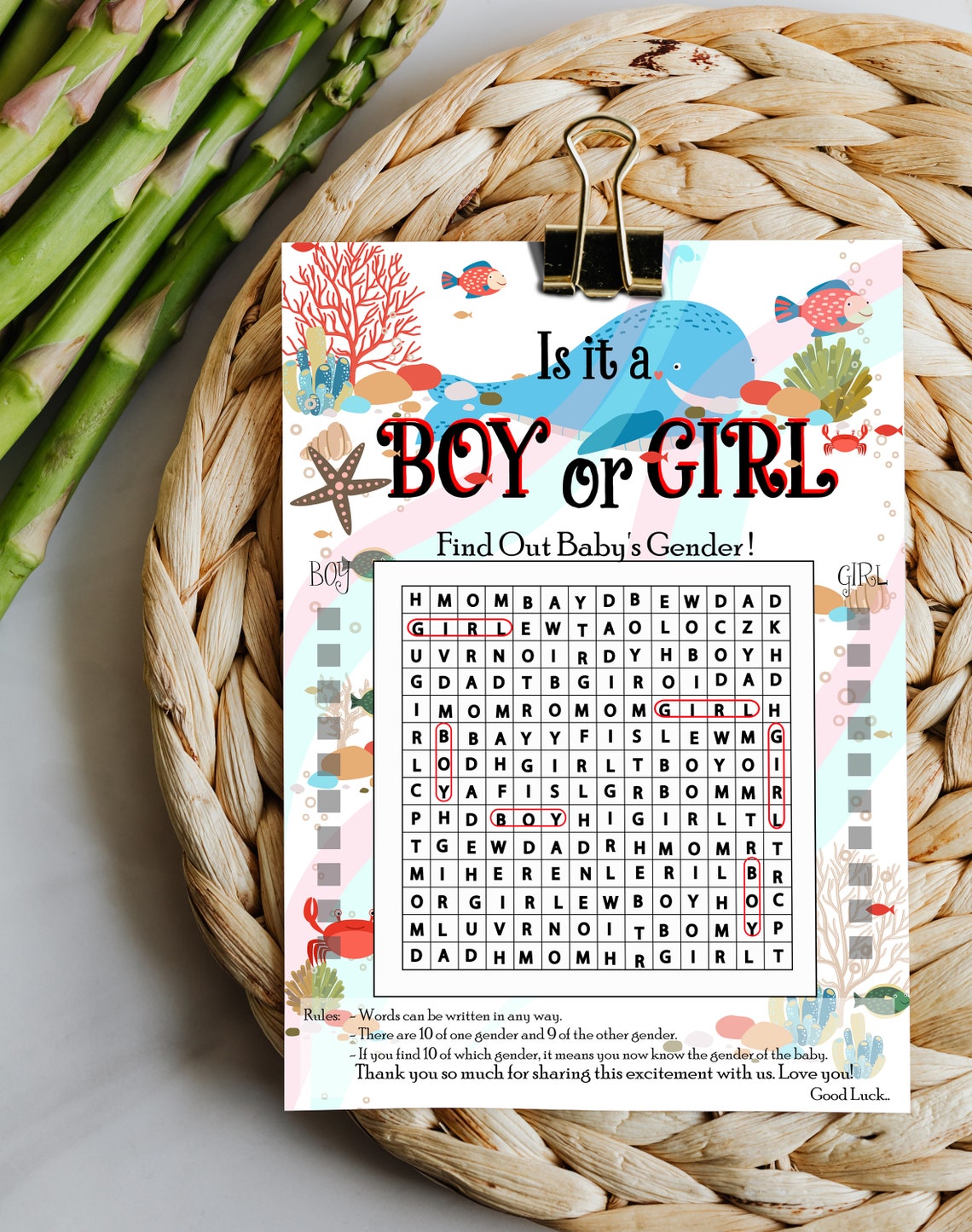 Gender Reveal Crossword Game With Underwater Design Gender Reveal Party Game Gender Reveal Ideas