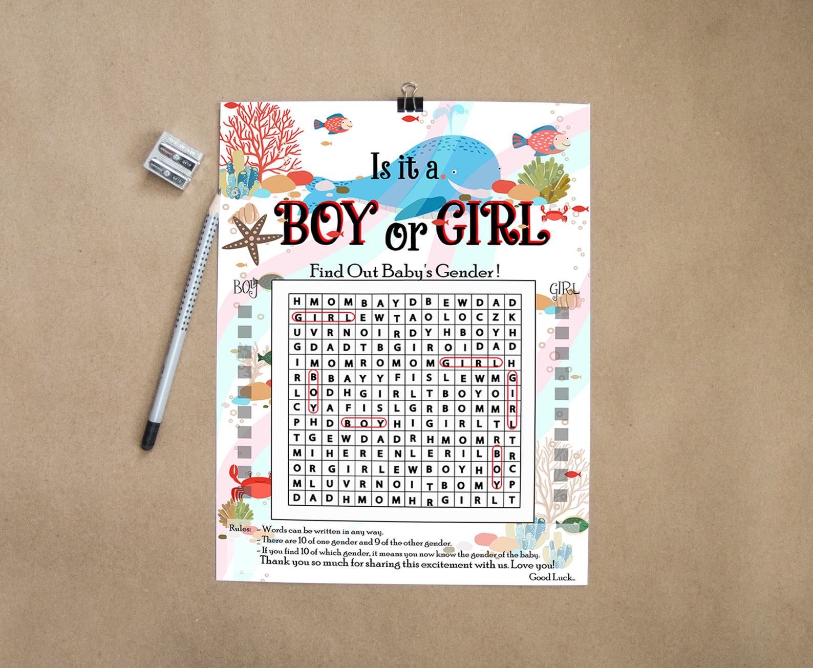 Gender Reveal Crossword Game With Underwater Design Gender Etsy