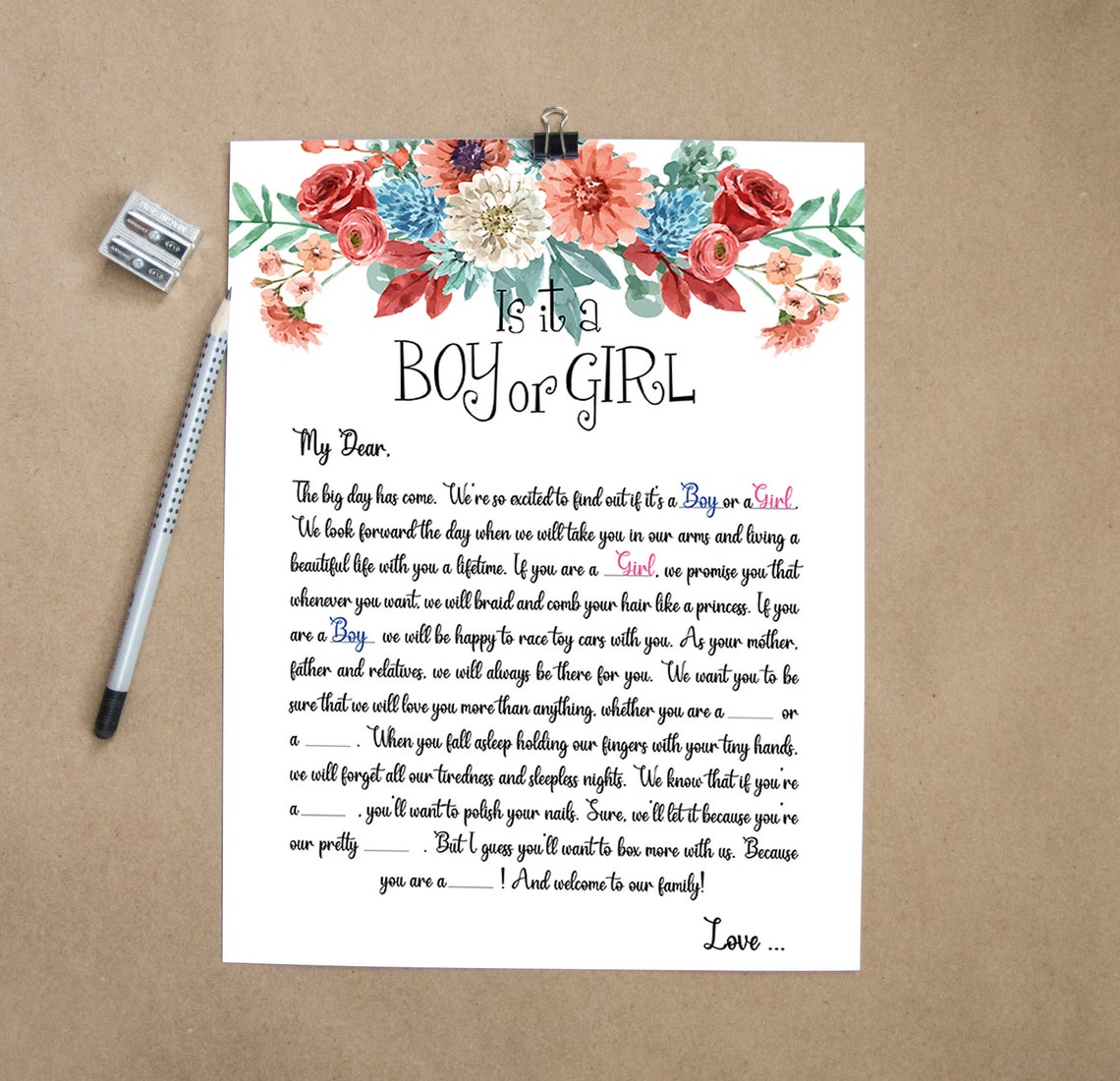 printable boy or girl gender reveal game first letter to the etsy